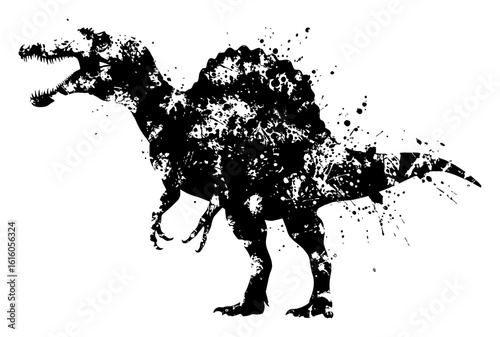Spinosaurus Full Body Shot Roaring Side View Black and White Drip Splat Abstract Art Illustration
