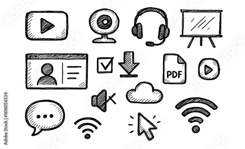 Doodle style multimedia and communication icons set with hand-drawn texture
