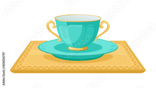 An elegant vintage tea cup and saucer isolated on white background, perfect for afternoon tea, tea parties, or tea ceremonies