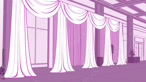 Elegant white curtains and drapes adorn a luxurious interior hall, creating a classic and formal backdrop for events and presentations