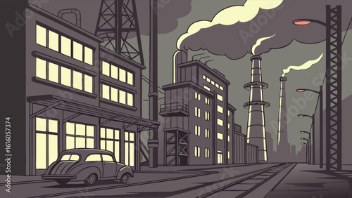 A vintage car drives down a street lined with factories emitting smoke into the night sky, creating an industrial scene