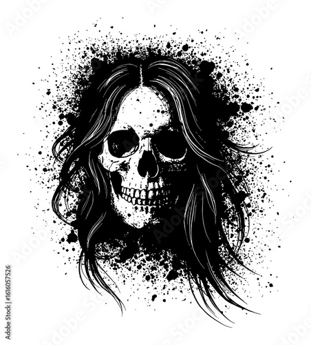 Detailed skull with long flowing woman hair illustration in Black and White Drip Splat Abstract Art