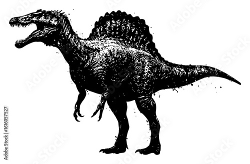 Spinosaurus Full Body Shot Roaring Dinosaur Creature Black and White Drip Splat Abstract Art