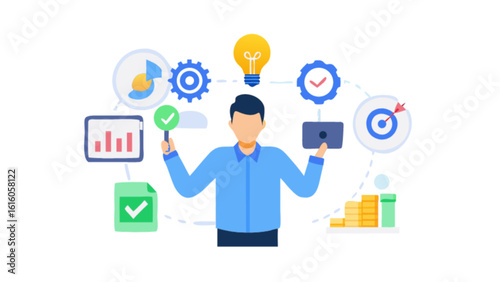 A cartoon man is juggling business concepts such as finance, investment, success, growth, innovation, and process isolated on white background