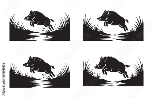 Illustrative vector silhouette set of jumping wild boars over water and grass