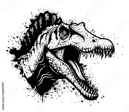 Spinosaurus Head Portrait with Aggressive Roaring Expression Black and White Drip Splat Abstract Art
