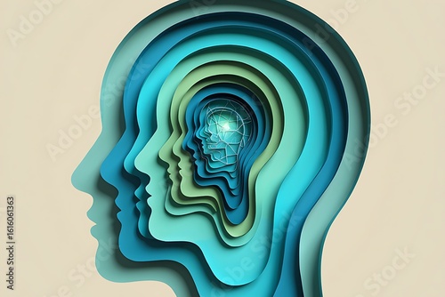 Abstract visualization of layered human heads in profile revealing a glowing core of light and interconnectedness symbolizing consciousness thought and the depth of the mind