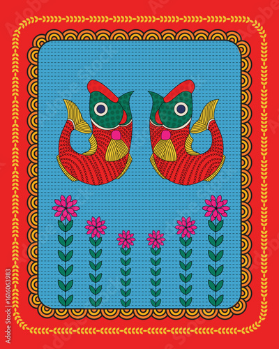 Indian Folk Art: Vibrant Fish Illustration, Hand-Painted in Traditional Madhubani. Madhubani art, Fish art, Indian folk art, Mithila painting