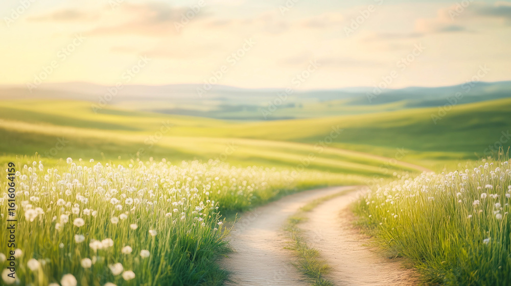 Fototapeta premium A narrow dirt path stretching into endless golden plains. Tranquil horizons under a pale summer sky.