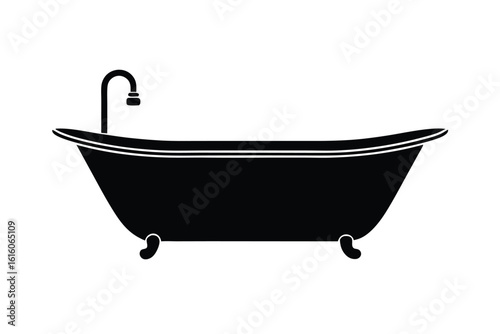 Vector art of a black and illustration of a vintage clawfoot bathtub with a faucet, isolated a illustration