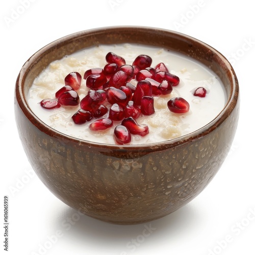 A rustic bowl overflows with creamy coconut milk, brilliantly scattered with vibrant pomegranate seeds. Light and refreshing, it's a delicious and visually appealing treat