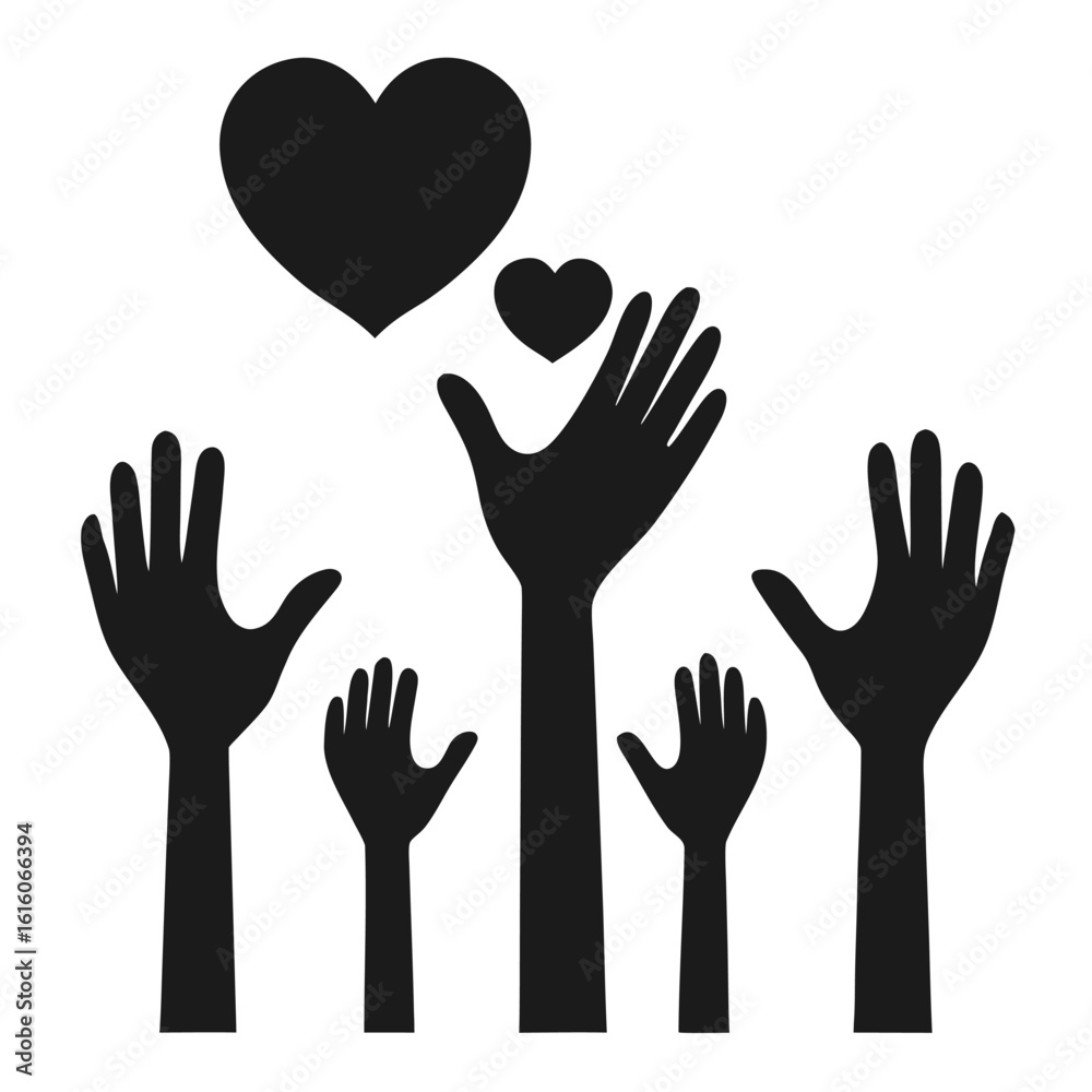 Obraz premium Black Silhouetted Hands Reaching for Hearts Symbolizing Support and Love Illustration