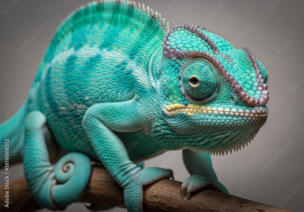 Obraz premium Vibrant Blue Chameleon on Branch - Close-up of a stunning blue chameleon perched on a branch, showcasing its intricate scales and vibrant color
