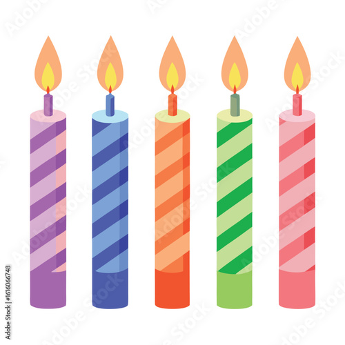 Festive Cartoon Birthday Candles with Flames in Various Colors and Pattern Design