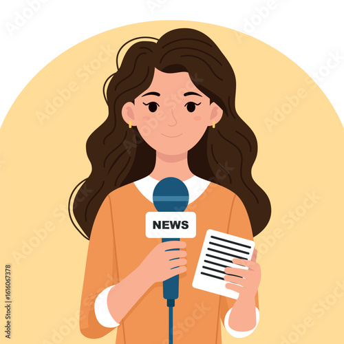 Female Reporter Holding a Microphone, Broadcasting Flat Style Illustration, news reporter,