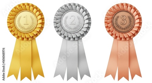 3D Render of a Shiny Gold, Silver, and Bronze Award Rosette