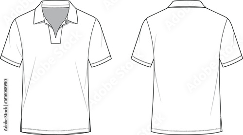 Men's short sleeve polo shirt flat sketch, front and back view, technical drawing, vector template for fashion design