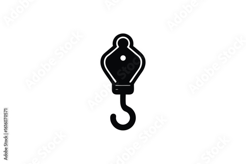 Vector art of black pulley with a hook, isolated illustration