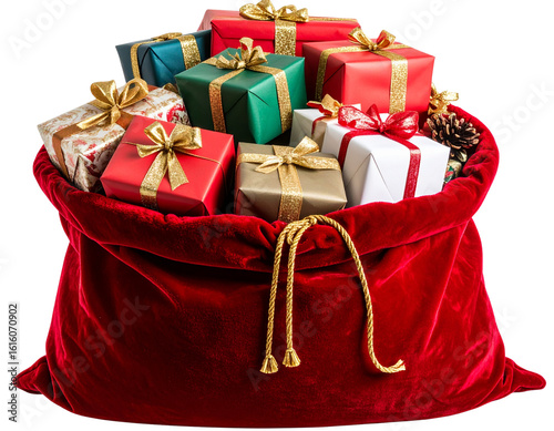 Classic Red Velvet Santa Sack with Golden Rope Tie, Full and Overflowing, Isolated PNG