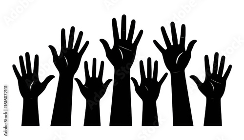 Several hands raised into the air, shown in black silhouettes