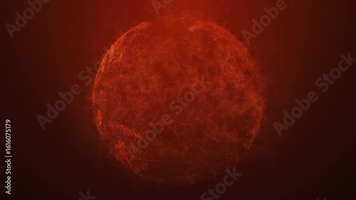 An animated digital globe in red tones symbolizing intensity, energy and global connections. Lines and dots connecting continents highlight the web of interactions of the world