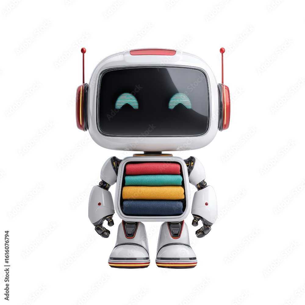 Naklejka premium Cute Small Robot Toy with Colorful Stack of Blocks and Smiling Digital Face
