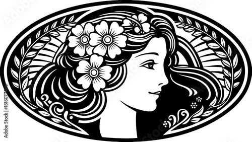 Elegant art nouveau portrait of a woman with flowers in her hair inside an oval frame design
