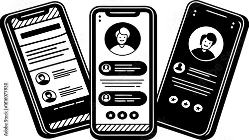 Three smartphones displaying user interfaces with profile icons and star ratings shown clearly