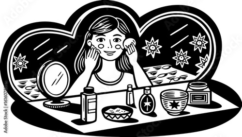 Illustration of a woman applying makeup in front of a mirror with various cosmetic products on a table