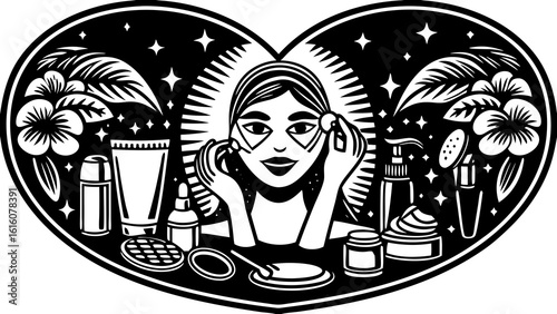 Woman applying beauty products in a heart shaped frame with flowers and stars in black and white art