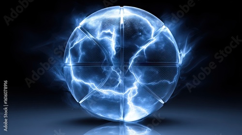 Energetic basketball glows with blue electric power