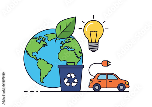 Colorful line art illustration of environmental icons Earth with a green leaf a recycling bin an illuminated lightbulb and an orange electric car with a chargin.