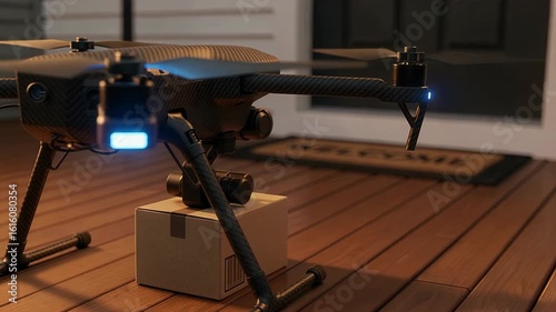Precision drone carefully delivering package to residential address with automated placement system demonstrating modern logistics technology