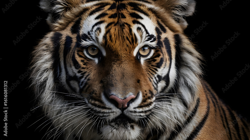 Fototapeta premium Portrait en gros plan d'un tigre du bengale isolé sur fond noir, fourrure