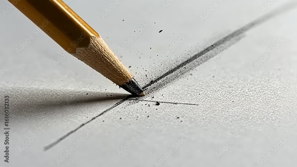 Close-up of a pencil drawing a precise line on smooth paper, with graphite dust scattering nearby