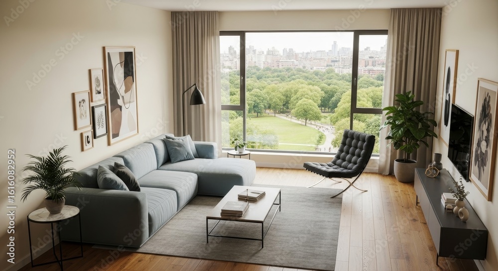 Fototapeta premium Modern Apartment Living Room with Park View - Relaxing apartment living space featuring a sectional sofa, lounge chair, and stunning park views.