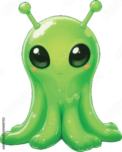 Vector art of a cute green alien cartoon character isolated on transparent background