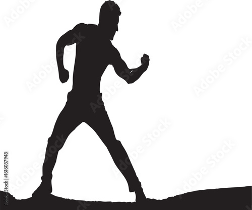 "3D Silhouette of Person in Power Pose with Raised Fist on Uneven Terrain"

