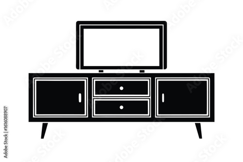 Vector art of a black and icon of a modern tv stand with a television top, isolated a illustration