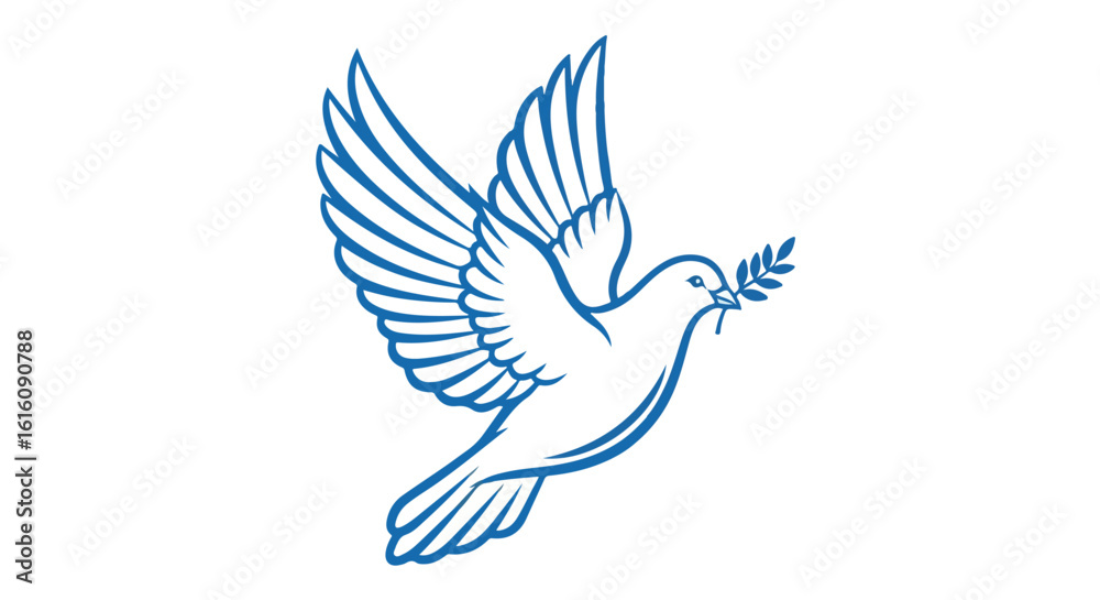 Fototapeta premium Elegant blue line art of a white dove in flight carrying a symbolic olive branch.