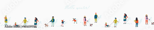 Happy people in the snow seamless pattern, hand drawn illustrations with cute characters walking in a snowy landscape, great for textiles, wrapping, banners, wallpapers - vector