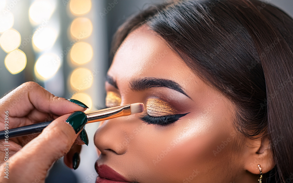 Obraz premium Close-up of a young european woman's face, a professional artist is applying her makeup, bold, rich colors, eye shadows