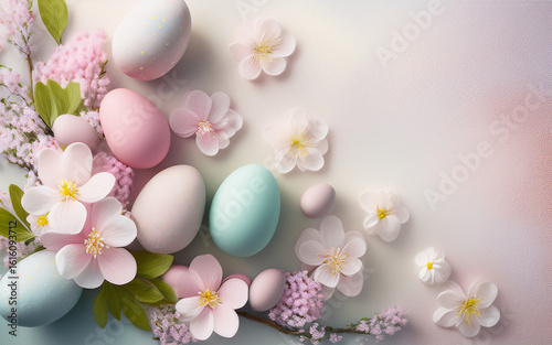 easter eggs spring flowers light pastel textured background