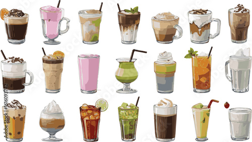 A delightful collection of isolated beverages, featuring sets of ice cream and various kinds of beer in glasses and bottles