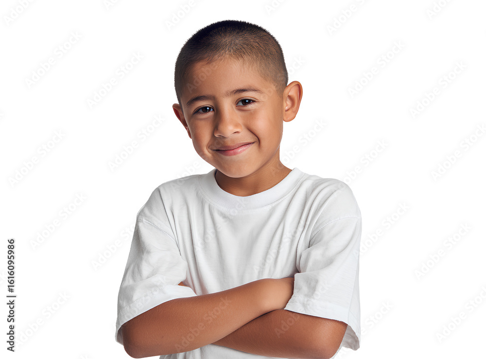 8-year-old Hispanic boy smiling, wearing a white t-shirt mockup, front view isolated on a transparent background. 8-year-old Hispanic boy smiling, wearing a white t-shirt mockup, front view isolated on a transparent background.
