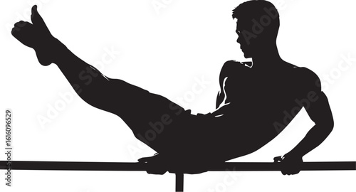 "3D Silhouette of Athlete Performing V-Sit Hold on Parallel Bars"
