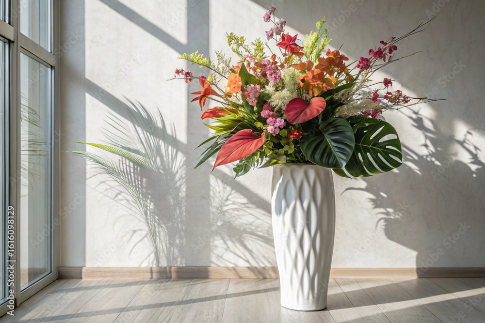 Fototapeta premium A tall, elegant white vase filled with a vibrant arrangement of tropical flowers—orchids, anthuriums, and peace lilies—stands in a sunlit modern room with soft shadows cast on the wall.