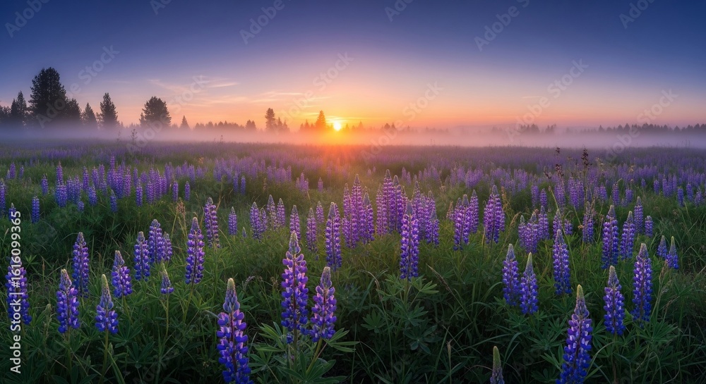 Naklejka premium Serene Sunrise over a Lupine Field: A Symphony of Purple and Golden Light