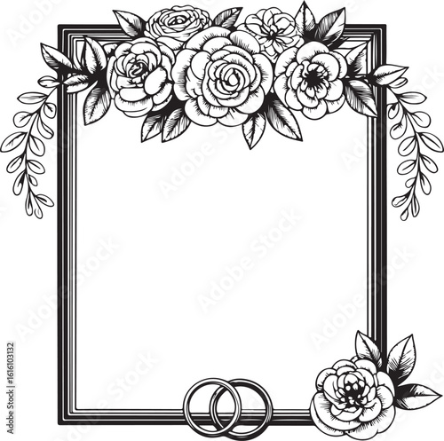 Elegant floral wedding frame with roses and wedding rings in black and white style