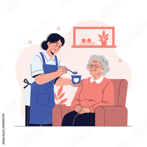 Caring companion feeding elderly woman warm meal helping hand in home setting